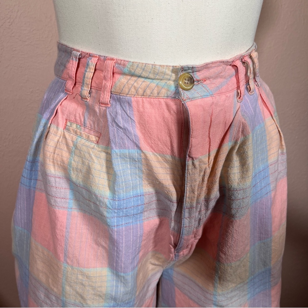 Vintage 80 90 Snazz peach blue preppy Plaid high Waist Bermuda Shorts - Picture 1 of 17